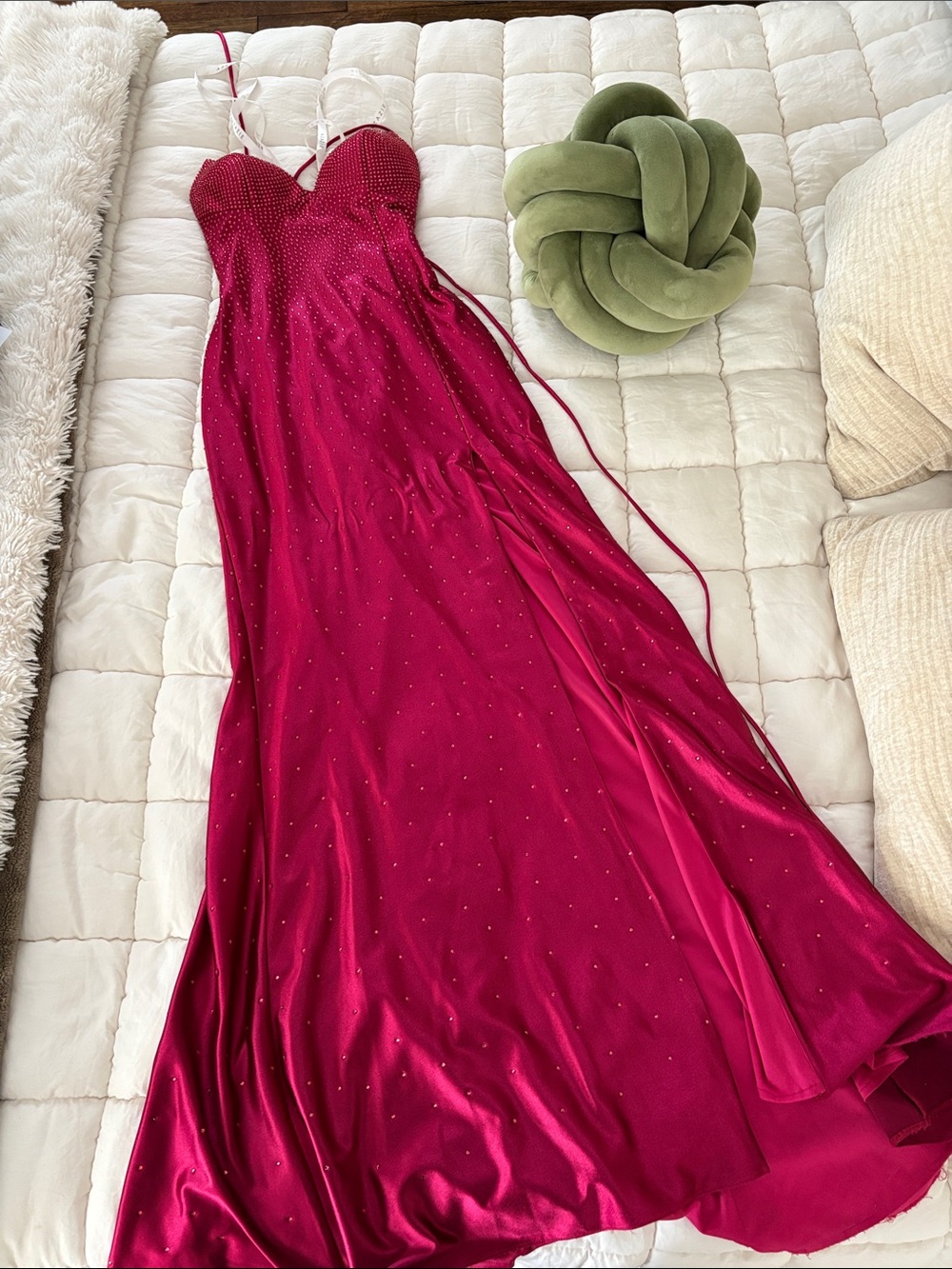 Azazie Fuchsia Strapless Rhinestone Satin Maxi Dress